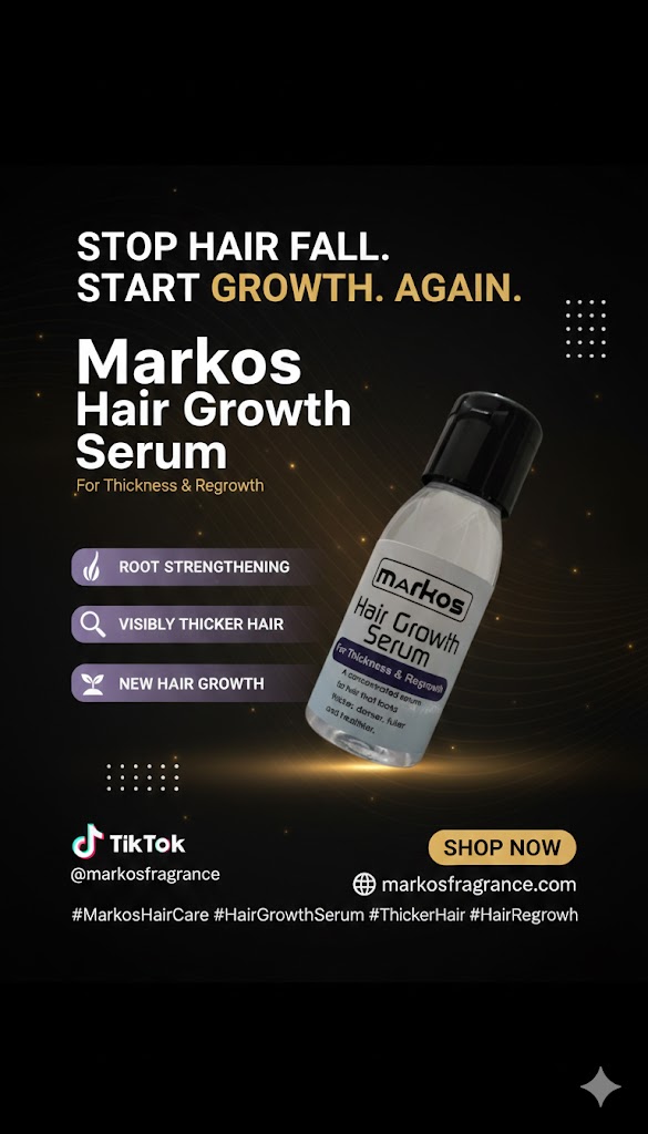 Markos Hair Growth Serum: Stop Hair Fall, Start Growth Again.Unlock Thicker & Stronger Hair with Markos.Regrow Your Confidence with Every Drop.Root to Tip Care: The Ultimate Solution for Thinning Hair.